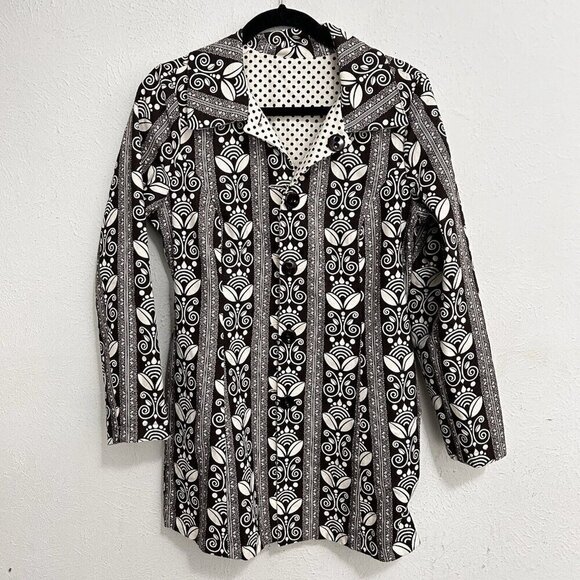 Vintage Floral Polka Dot Reversible Mod Car Coat Brown Ivory Button Front Size S - Picture 2 of 11